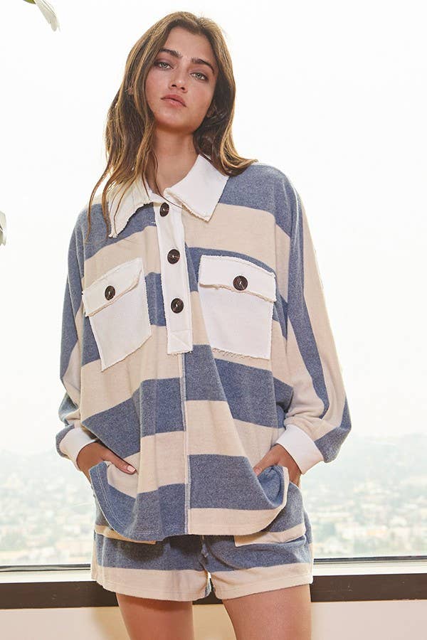 Blue and Cream Drawstring Waist Stripe Print Brush Knit Shorts