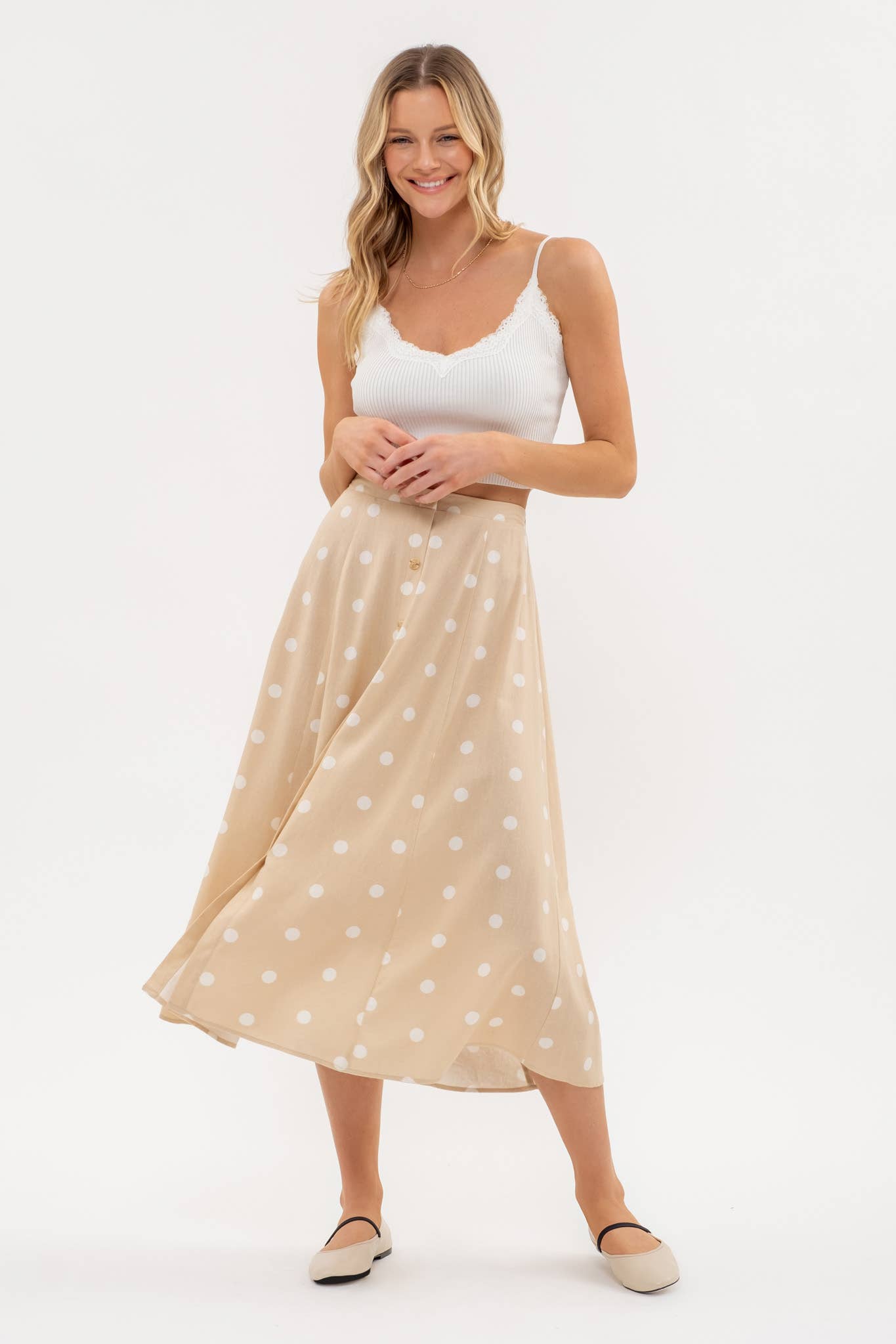 Khaki and White Linen Polka Dot Button Down Skirt