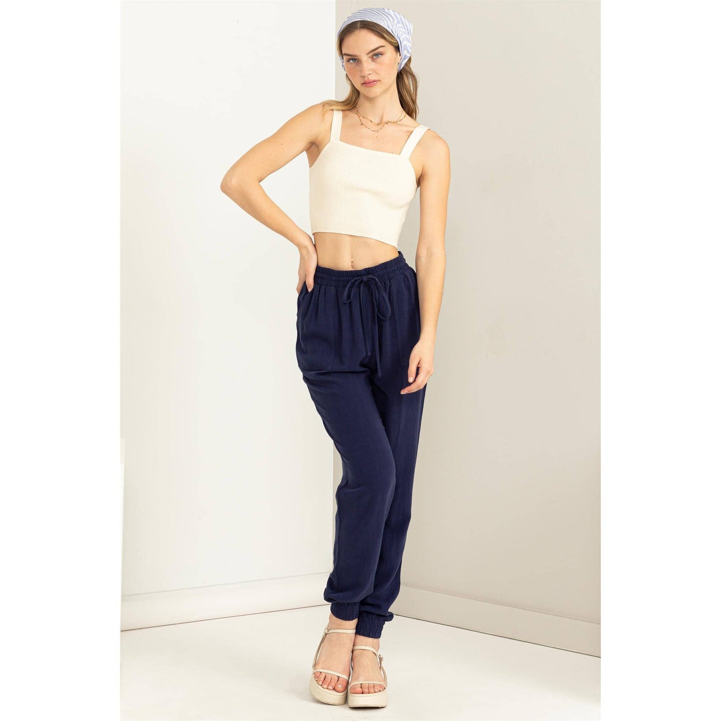 Pale Olive Green Linen Drawstring Jogger Pants