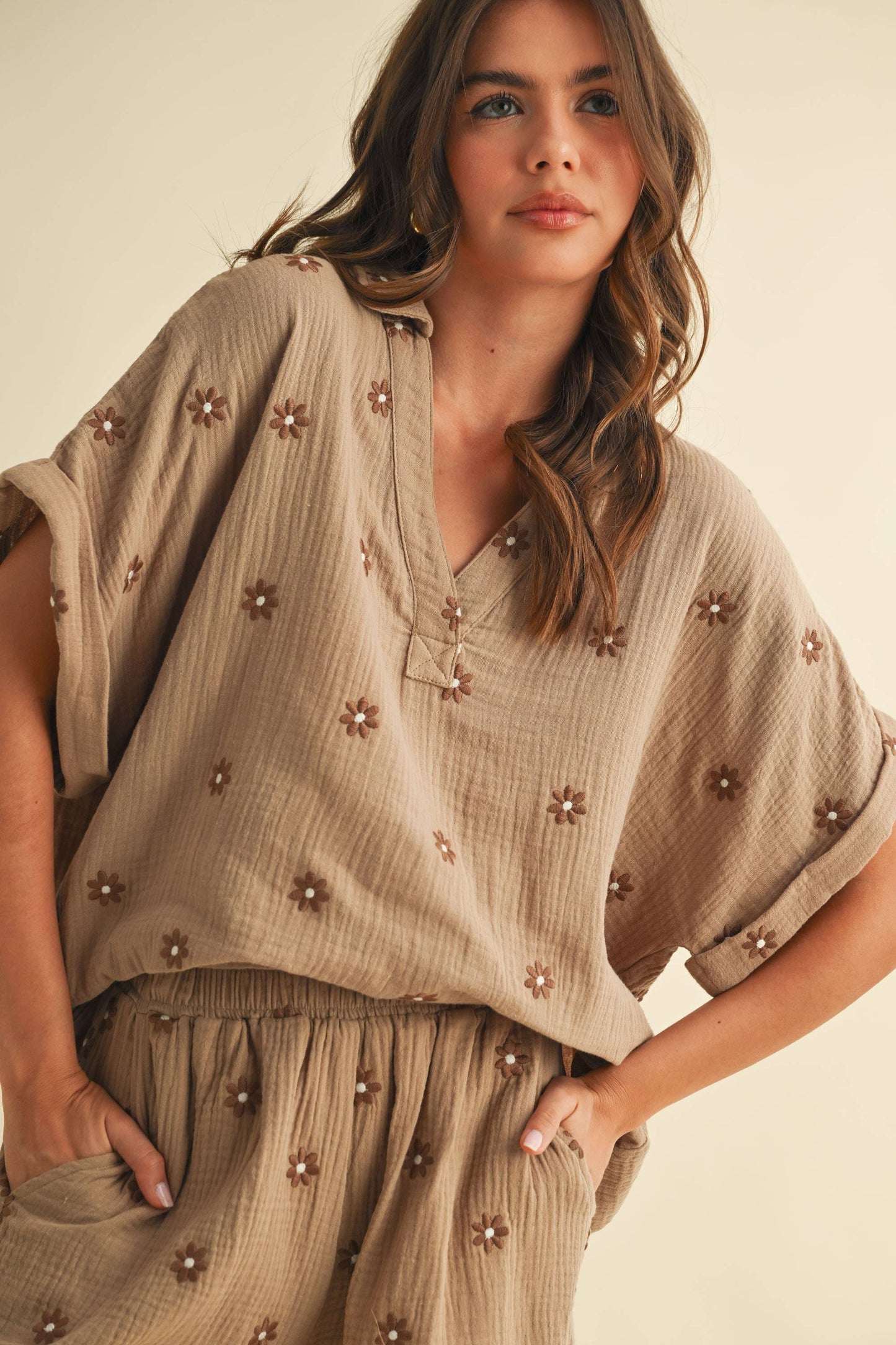 Mocha Embroidered Flower Cotton Short Set