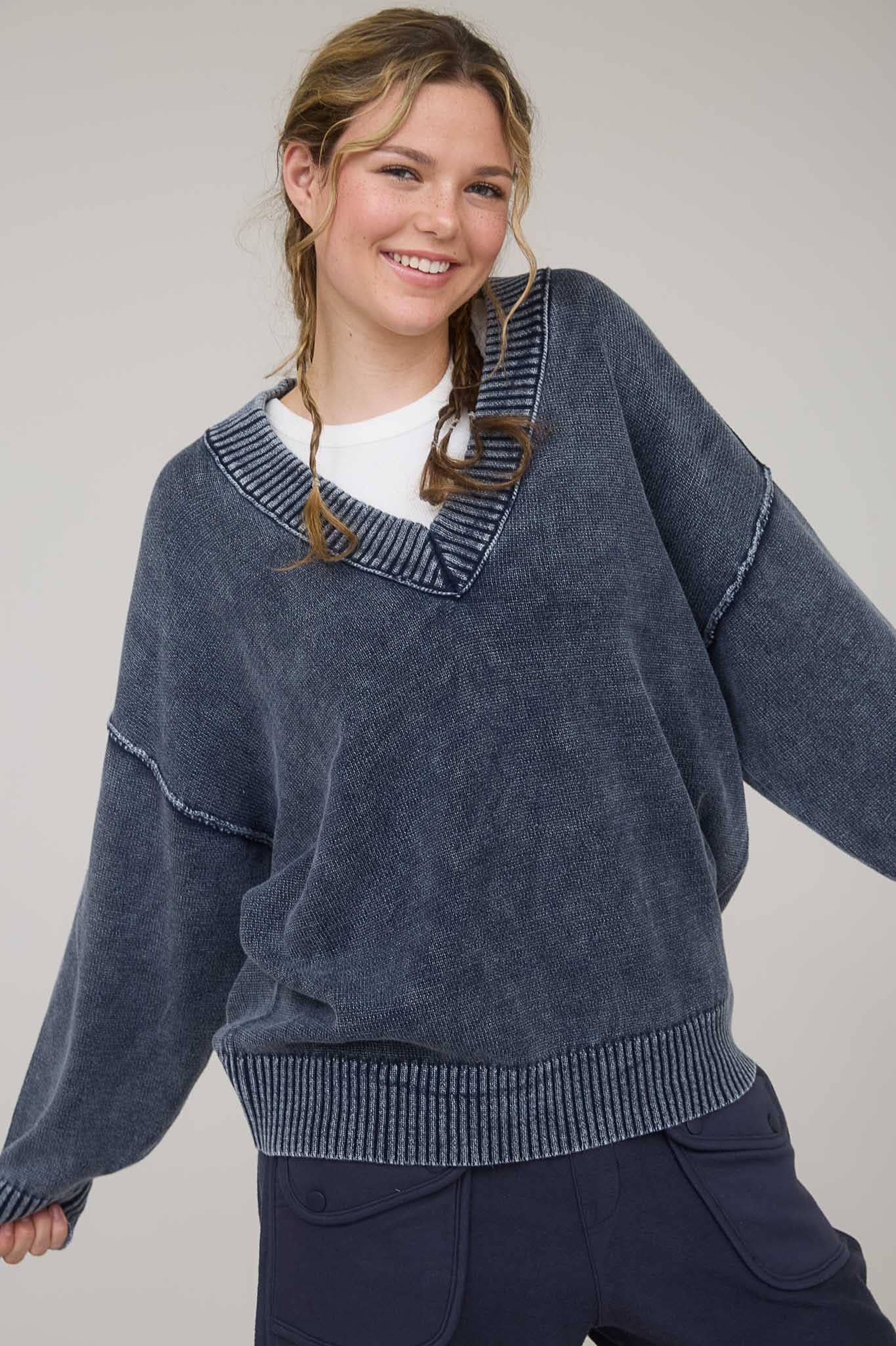 Acid Washed Charcoal V-Neck Soft Knit Sweater