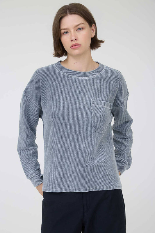 Acid Washed Oversized Blue Cotton Ribbed Front Pocket Top