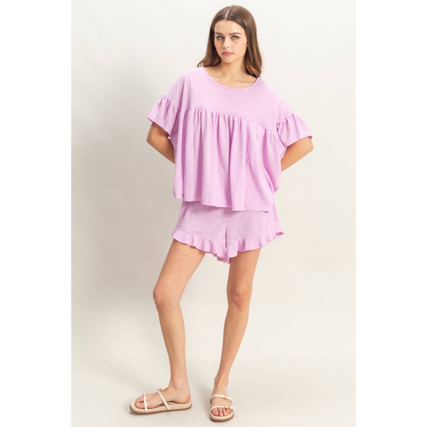 Soft Cotton Top And Flowy Shorts Set: LAVENDER PINK