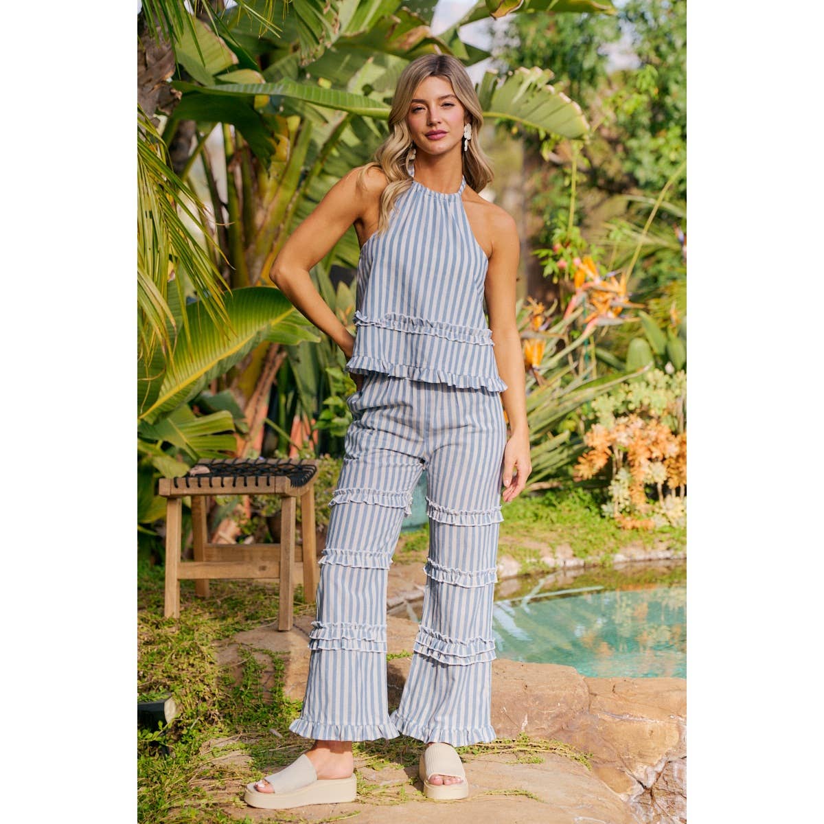 Light Blue Stripe Ruffles Detail Halter Top-145258