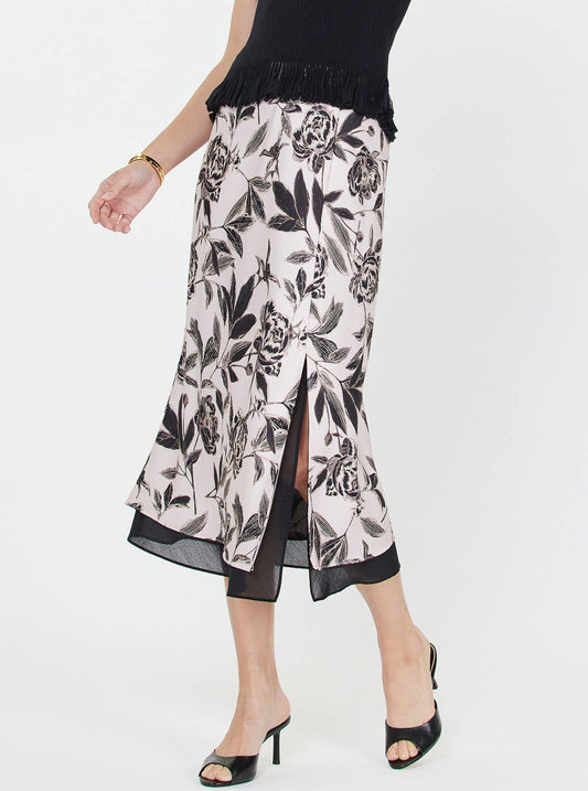 Pink w/ Black Floral Printed Midi Skirt w/Chiffon Layer-132550