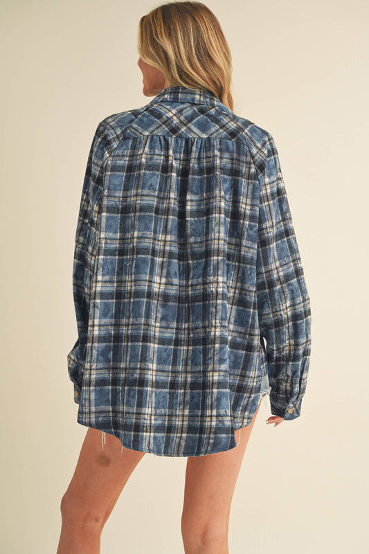 Blue Laura Plaid Washed Overside Flannel Shirt