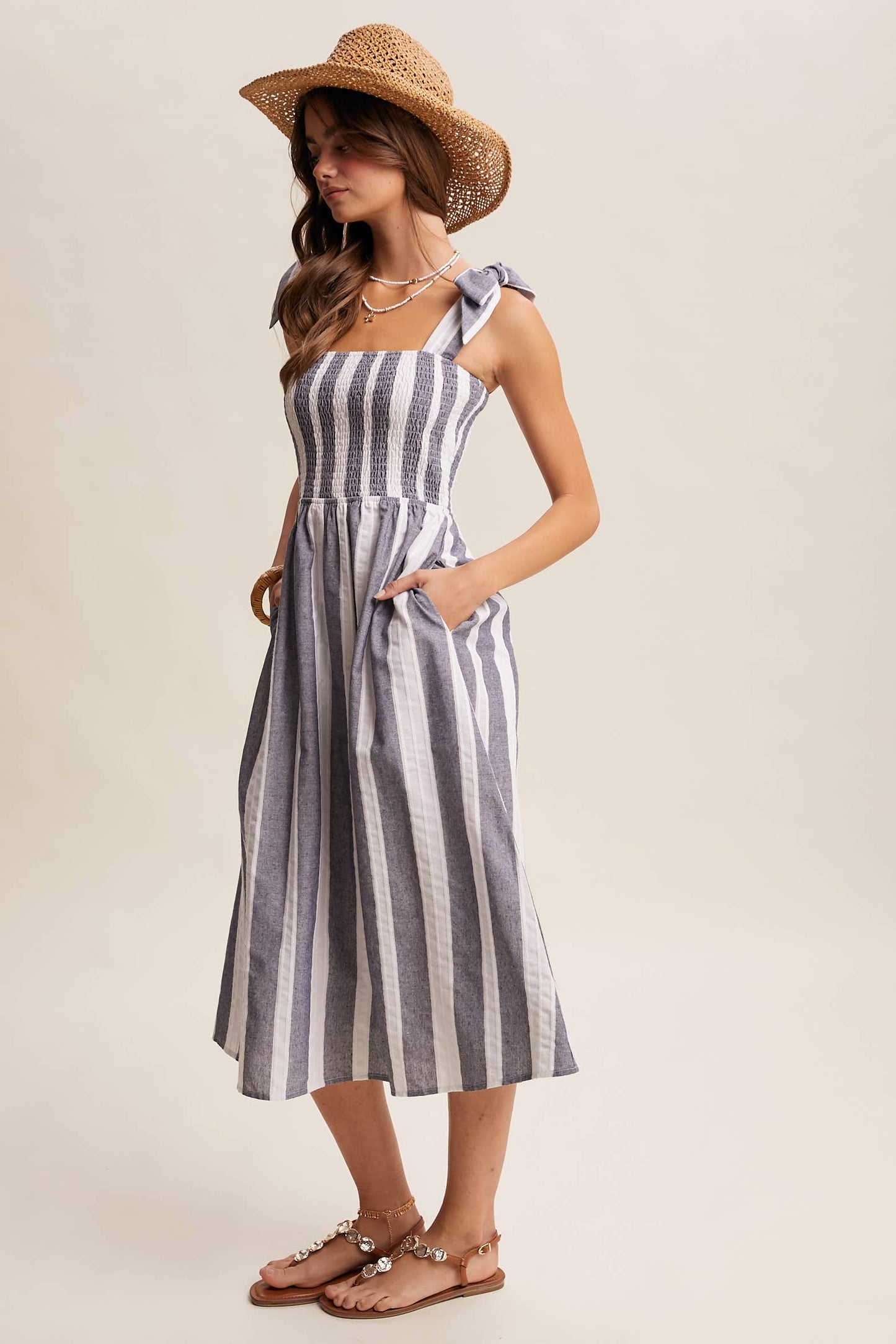 Blue and White Striped Denim Midi Dress-121051