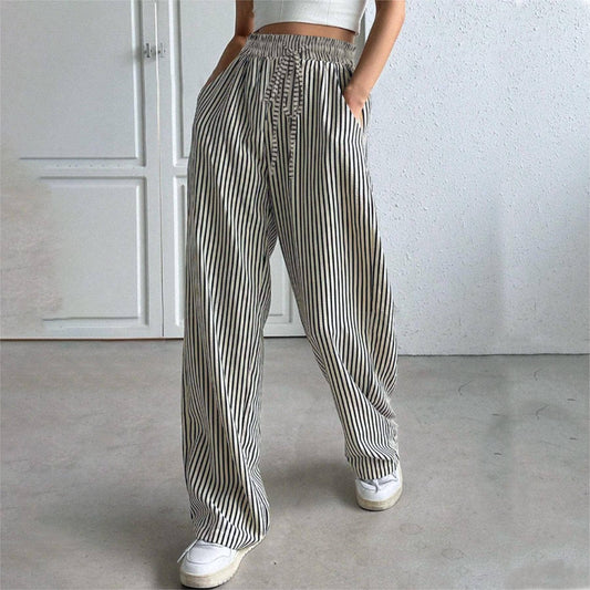 Black and Cream Cotton Blend Striped Straight Leg Drawstring Waist Pants