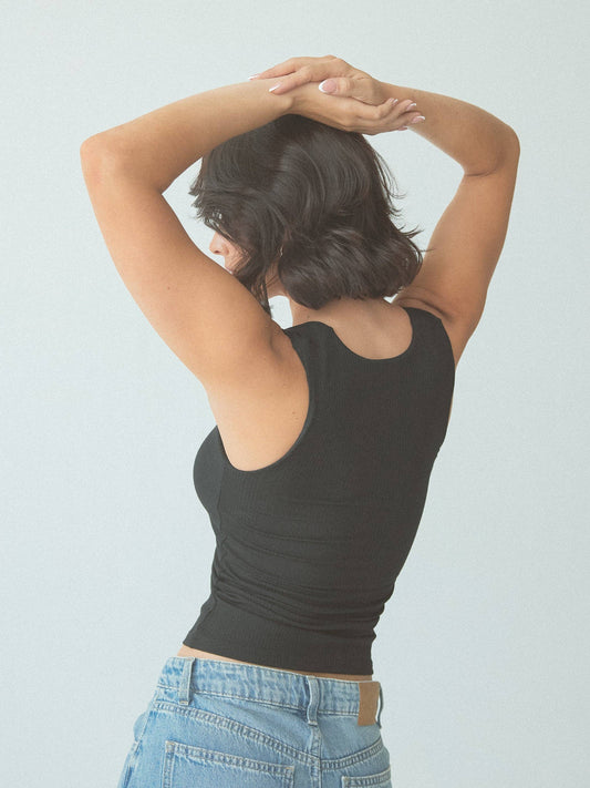 Black Ribbed Scoop Tank with Bra Insert