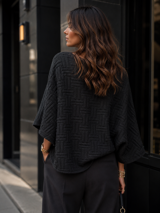 Black Relaxed Textured Pullover Sweater-140187