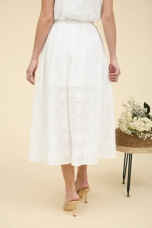 White Cotton Eyelet Ruffled Lined Midi Skirt