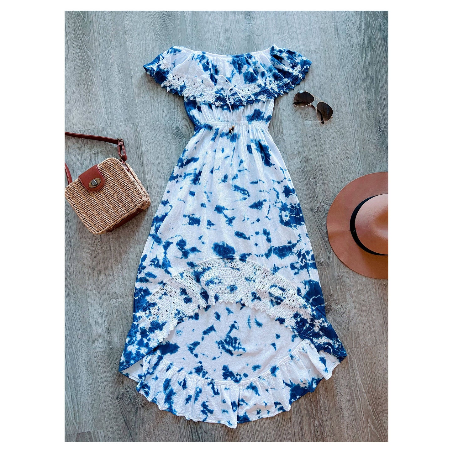 Tie Dye Blue and White Fringed Cotton Dress