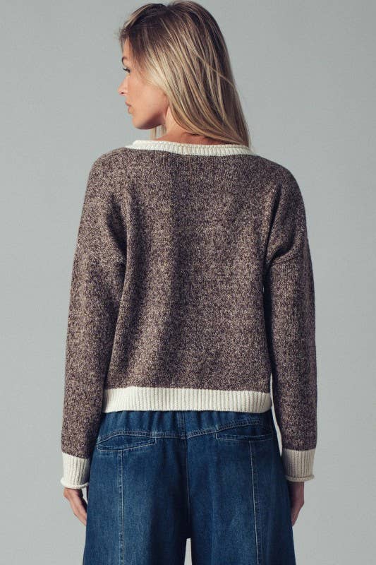 Cream Detail Mocha Soft Knit Button-front Cardigan Sweater