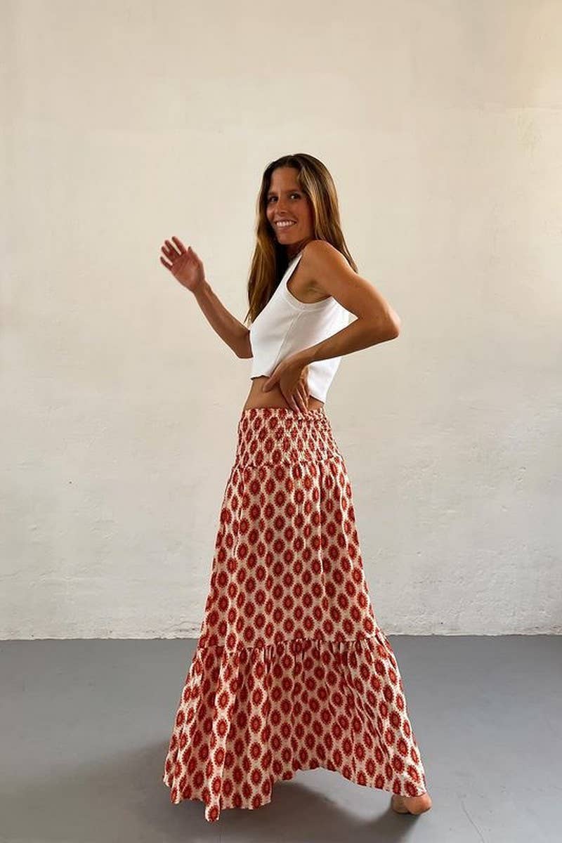 Orange Summer Sunburst Design Tiered Maxi Skirt
