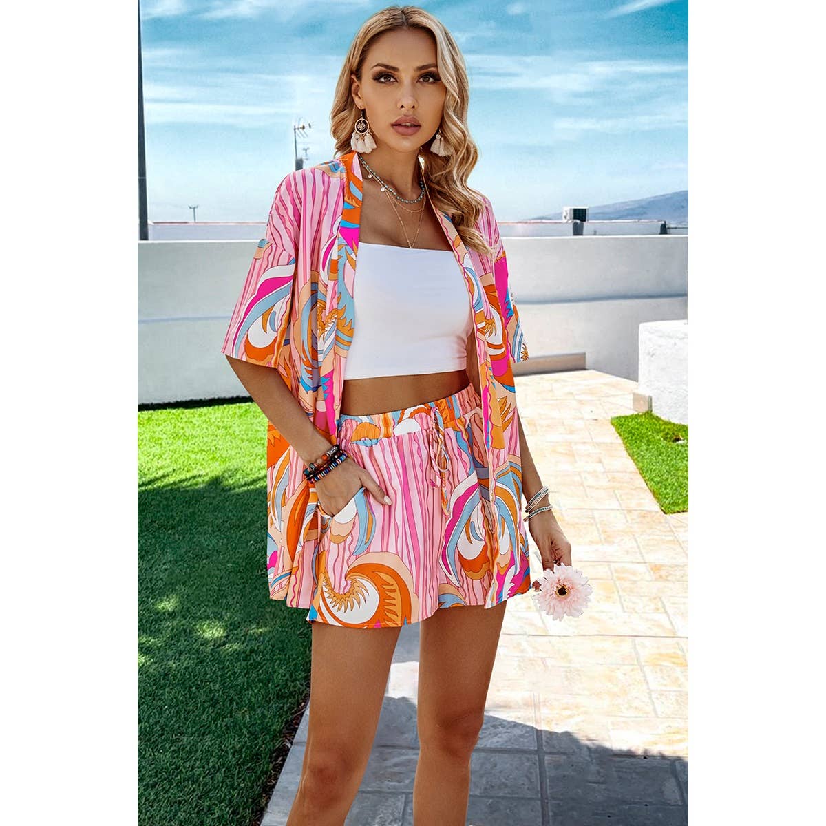 Fun Print Drop Shoulder Blouse Tie Front Shorts