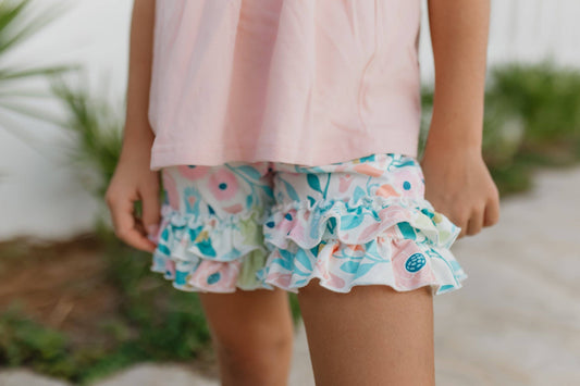 Girls Blush Ruffle Top and Floral Ruffle Short Set-171538