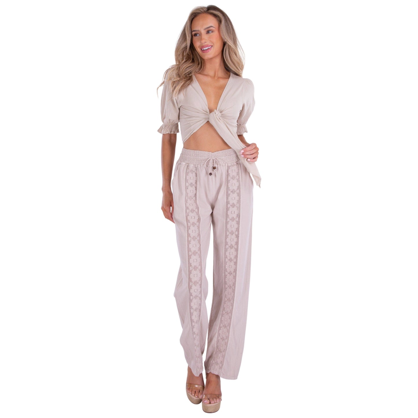 Fun Lattice Front Detailed Beige Cotton Pants