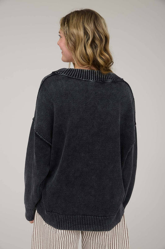Acid Washed Charcoal V-Neck Soft Knit Sweater