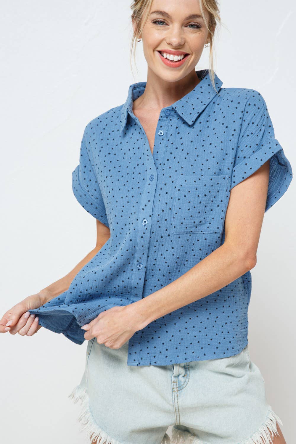 Blue Polka Dot Button-Up Top- 147822