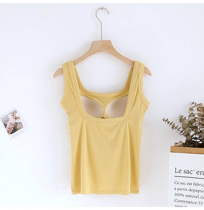 Yellow / Black Semi-Sweetheart neck rib knit built-in bra Tank Top