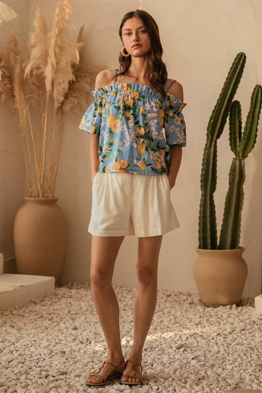 Blue Off Shoulder Lemon Print Top-146093