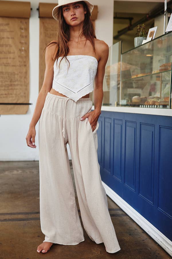 Sand Wide Leg Flattering Drape Solid Cotton Gauze Pants