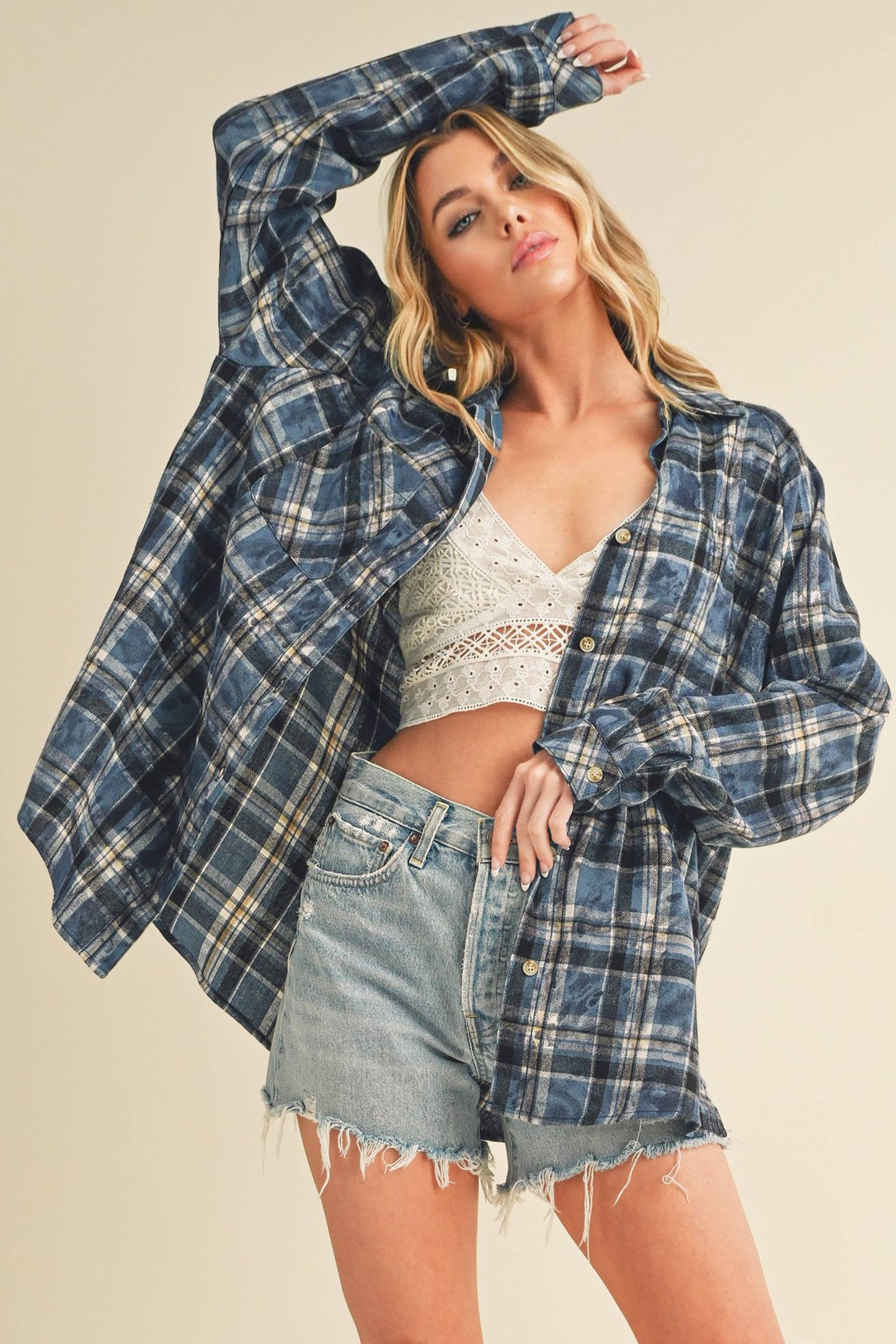 Blue Laura Plaid Washed Overside Flannel Shirt