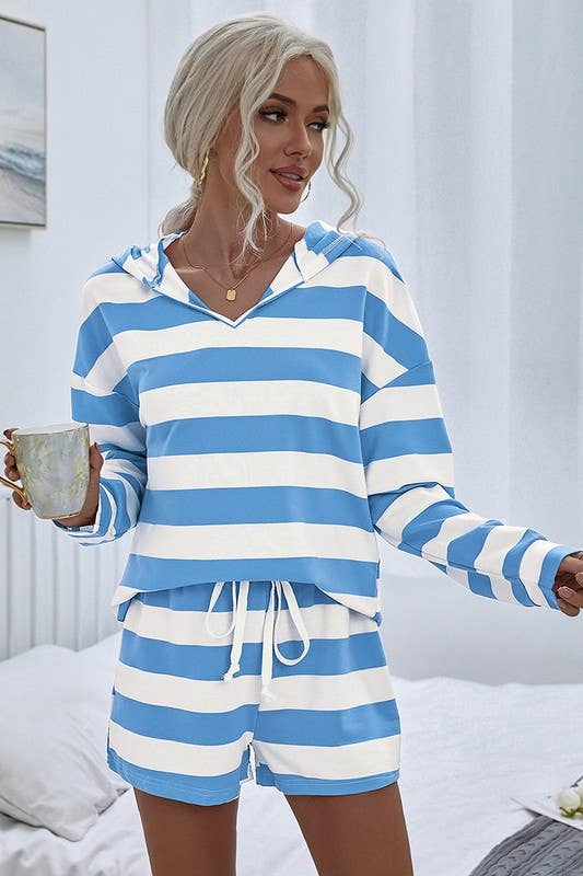 Two Pieces Aqua Blue Striped Oversized Long Sleeves Set