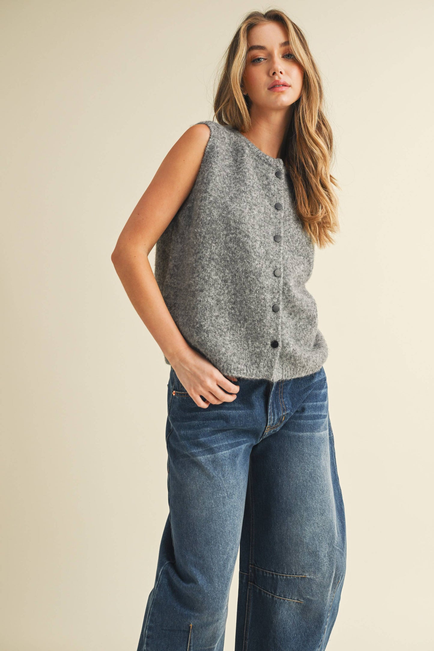 Soft Grey with Black Button Detail Sweater Vest