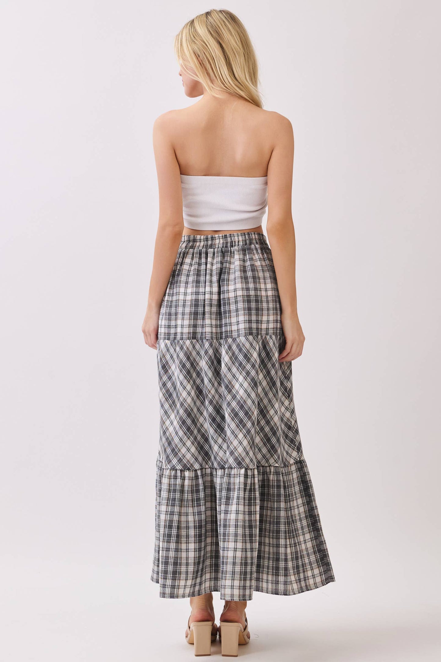 Boho Plaid Tiered Midi Skirt