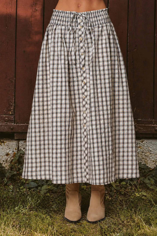 Khaki Plaid Smocked Waist Button Down Midi Skirt - 131008