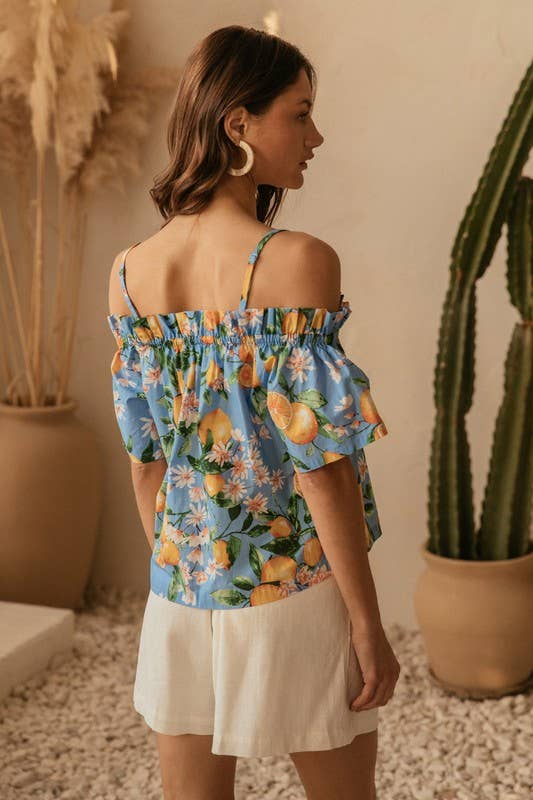 Blue Off Shoulder Lemon Print Top-146093