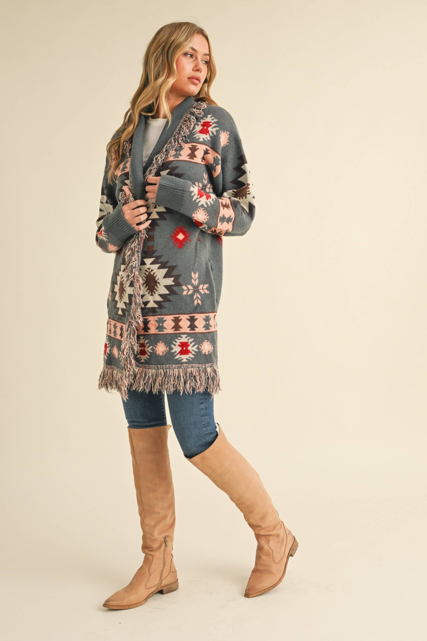 Aztec Print Fringed Knitted Long Cardigan