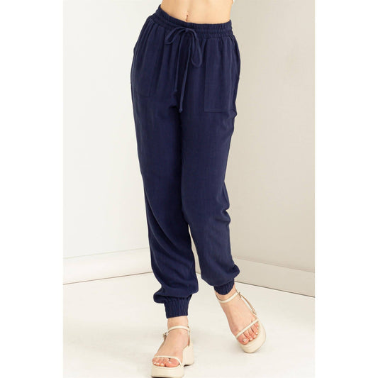 Dark Blue Linen Drawstring Jogger Pants