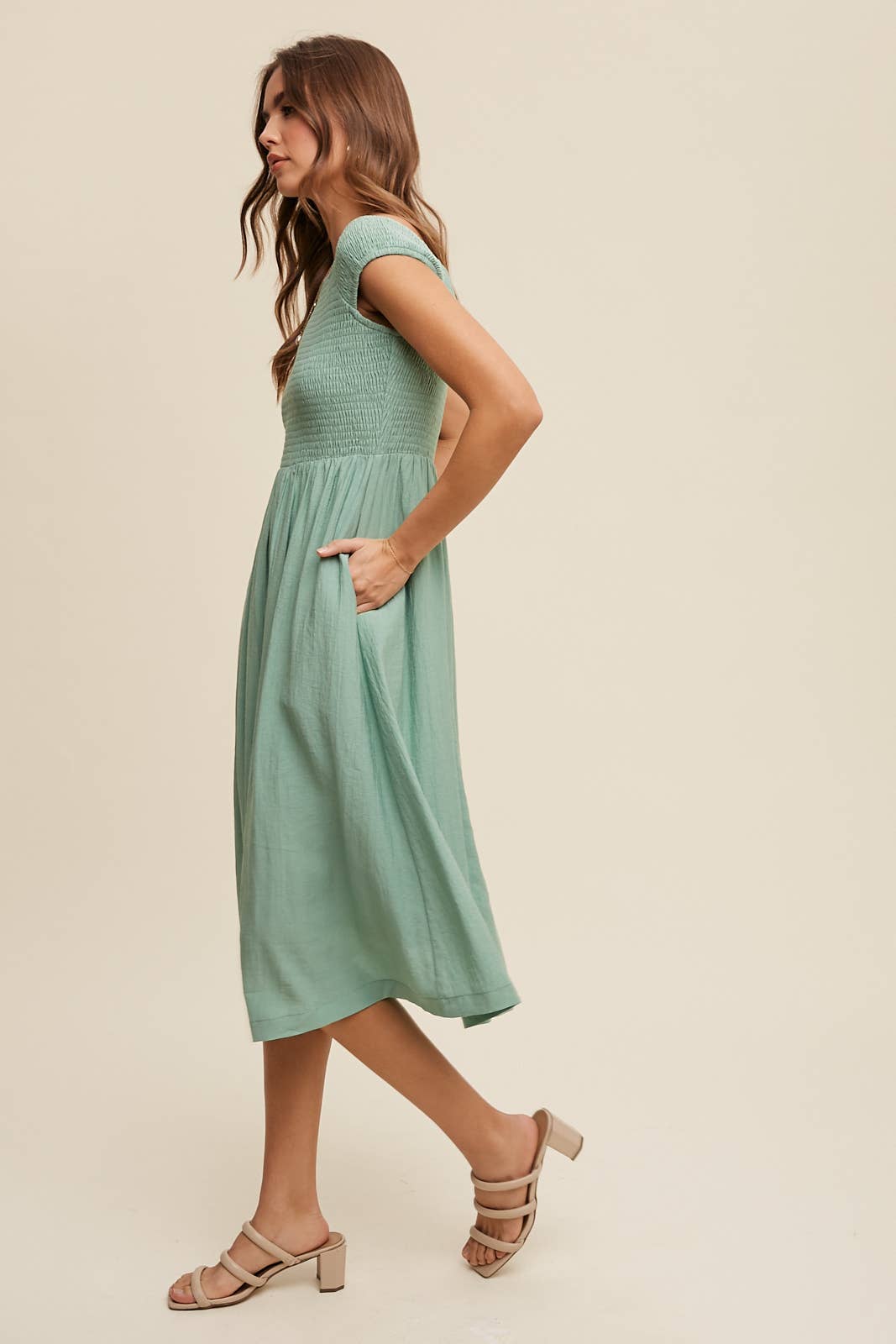 Jade Green Ruched Bodice Midi Dress- 121343