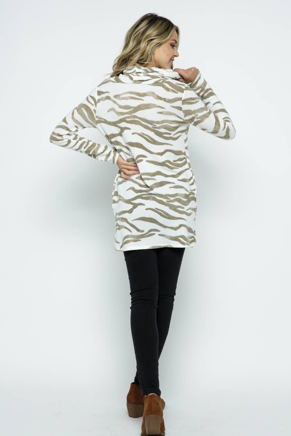 Olive / Cream Zebra Print Turtle Neck Dress in Light Sweater Knit Fabric