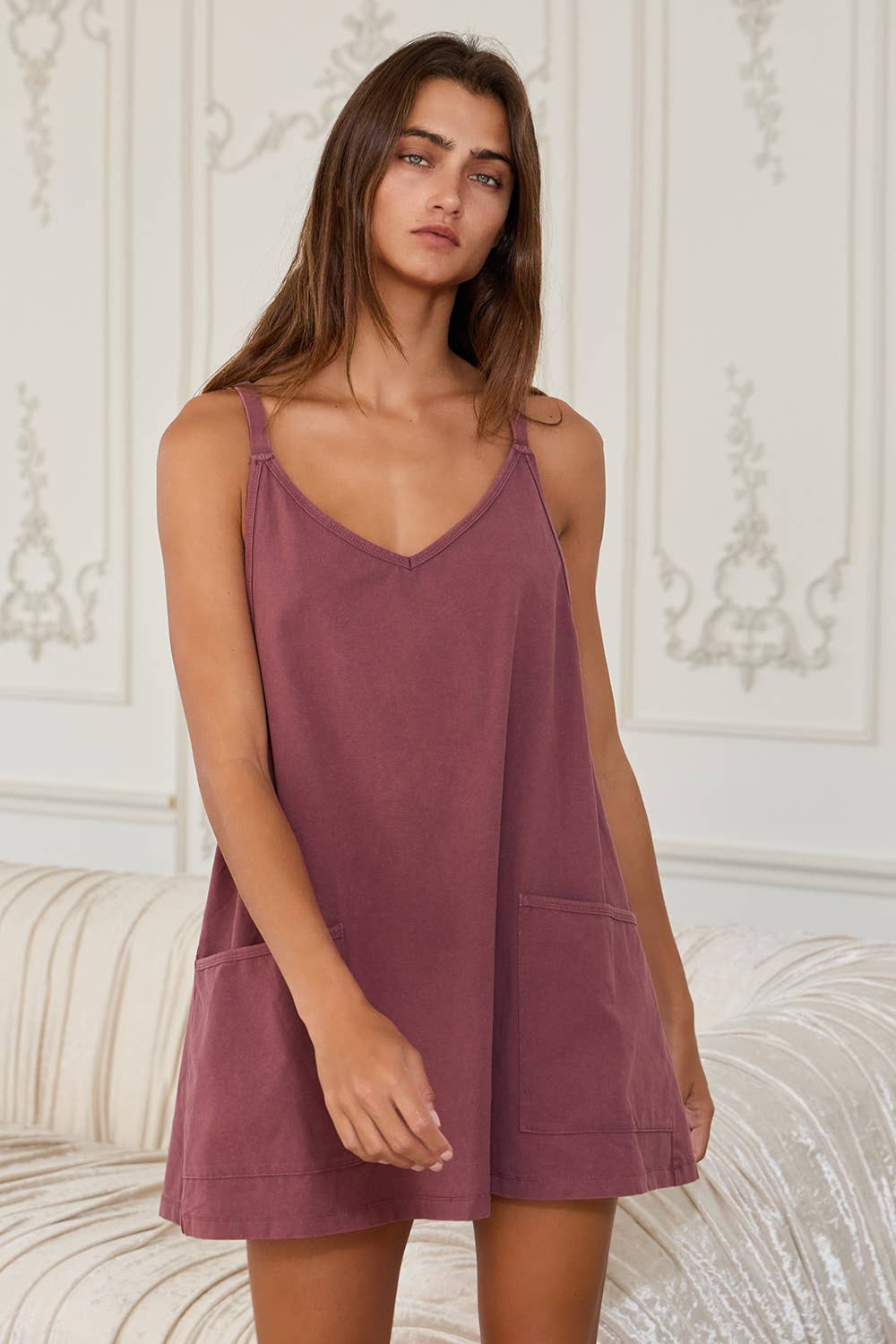 Washed Plum Sporty Mini Dress W Built in Romper Lining