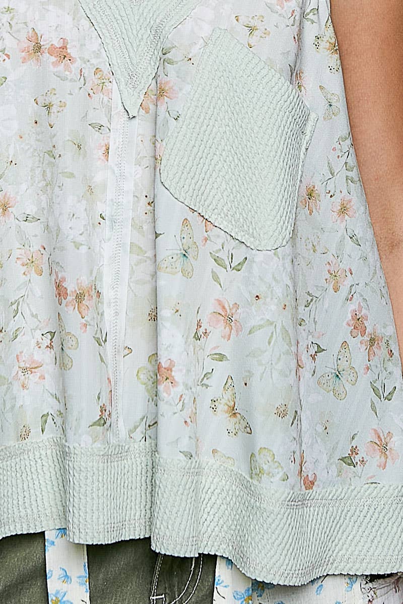 Sage Floral Print V-Neck Rib Patch Sleeveless Top-141768