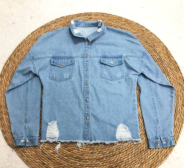 Blue Faded Oversized Distressed Frayed Edges Denim Jacket