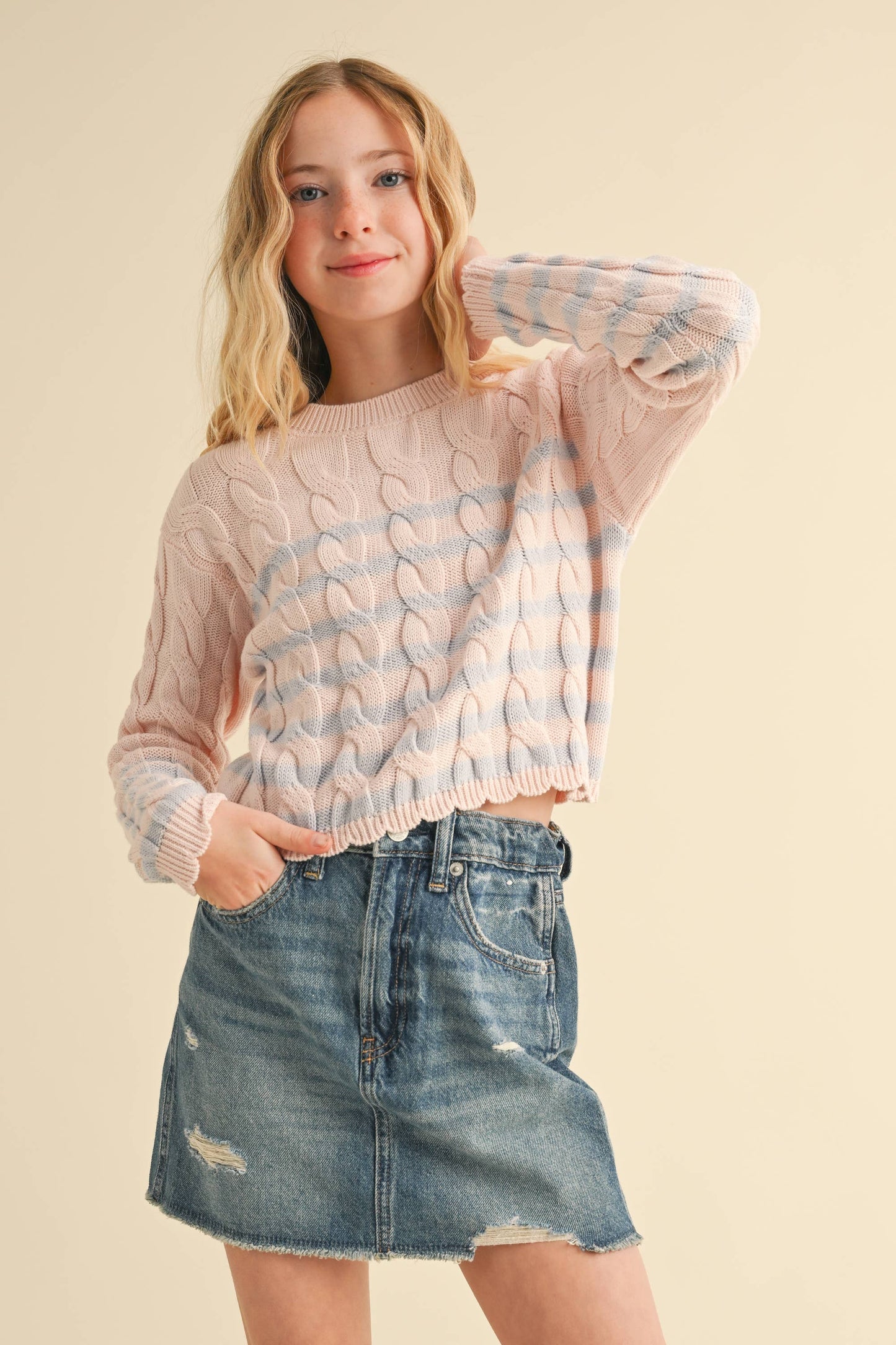 Blush and Blue Tween Cable Knit Sweater- 172919