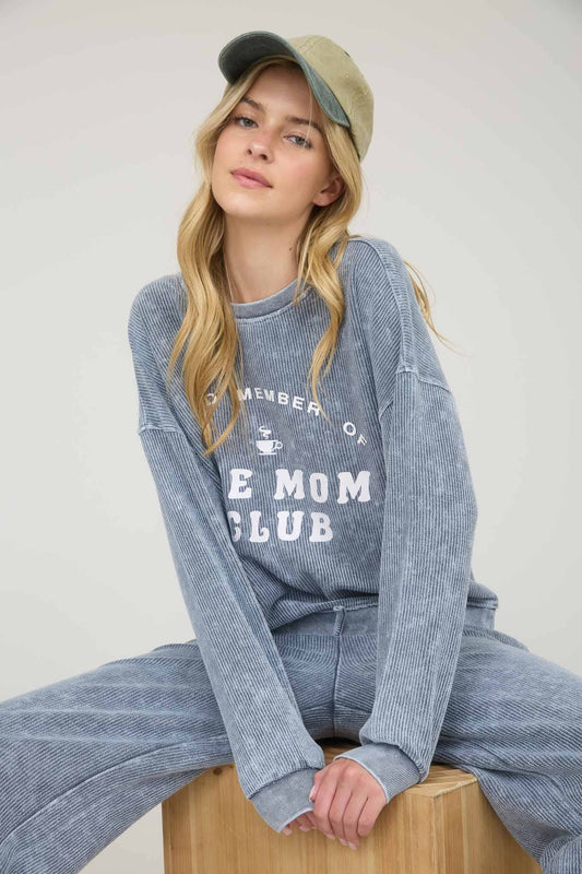 'Mom Club' Acid Washed Blue Ribbed Relaxed Fit Sweatshirt
