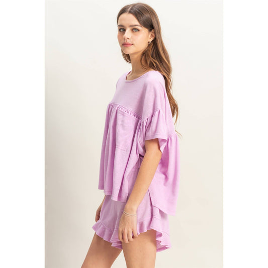 Soft Cotton Top And Flowy Shorts Set: LAVENDER PINK