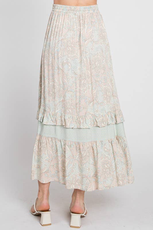 Mint and Taupe Delicate Design Block Ruffle Maxi Skirt