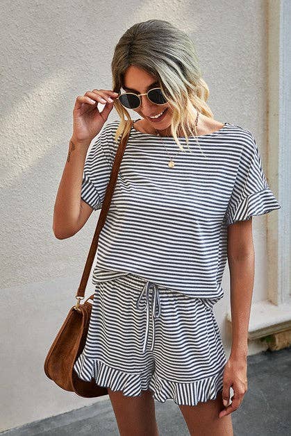 Boat Neck Grey/White Striped Top Ruffled Short Set