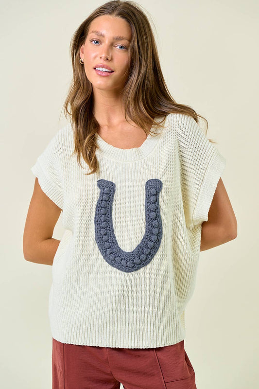 Cream and Blue Horseshoe Ribbed Sweater Vest