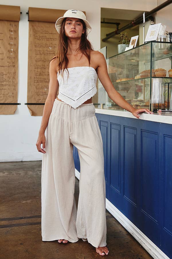 Sand Wide Leg Flattering Drape Solid Cotton Gauze Pants