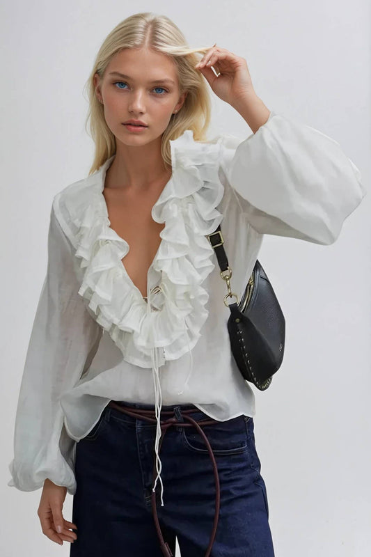 Ivory Ruffled Lace Up Boho Blouse - 141511