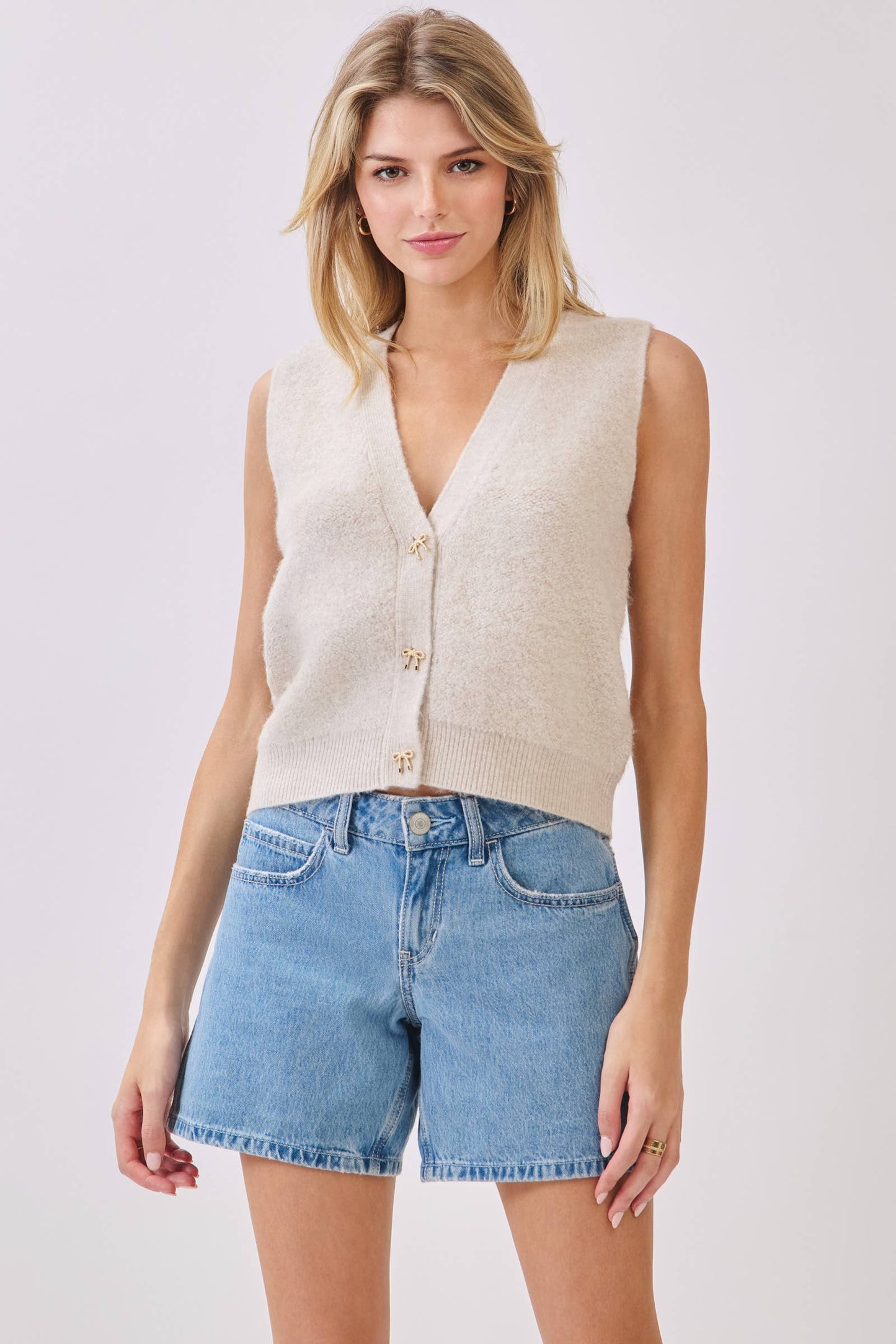 Ivory Fuzzy Sweater Vest with Gold Bow Buttons