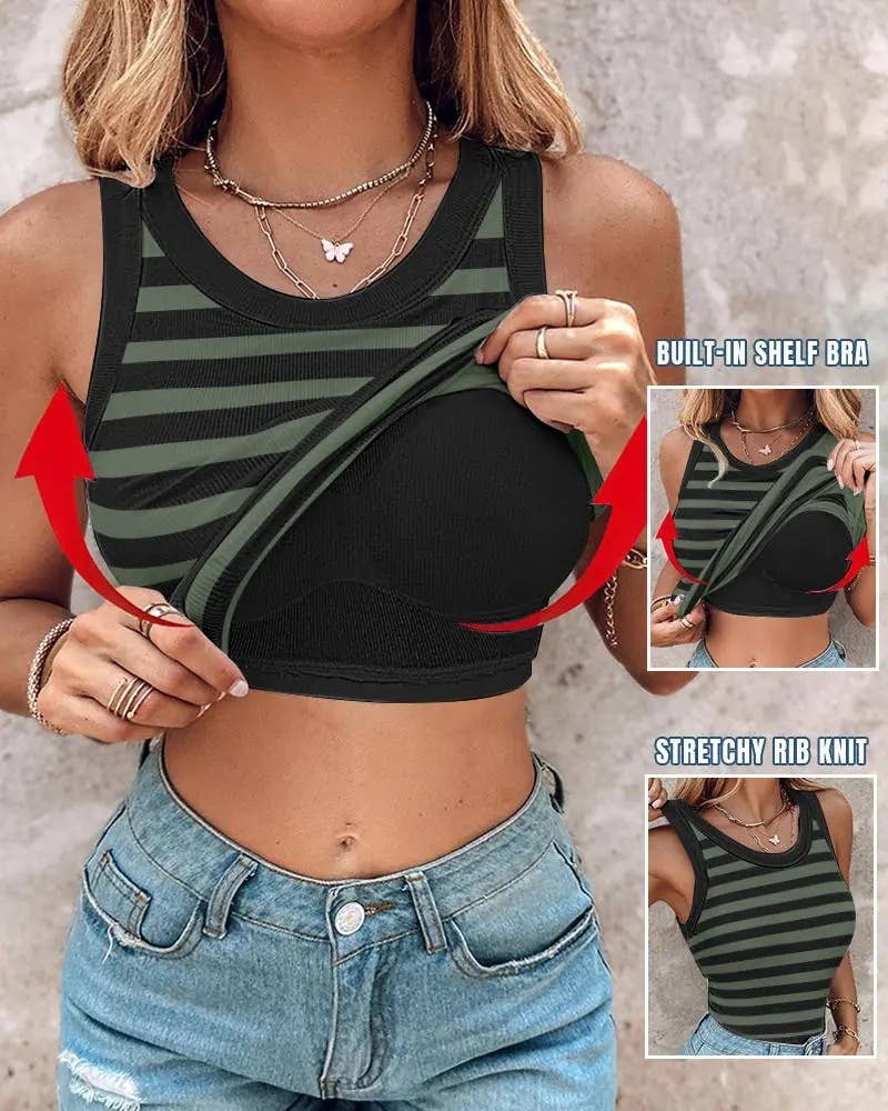 Sage and Black Striped Ribbed Padded Bra Tank- 180462