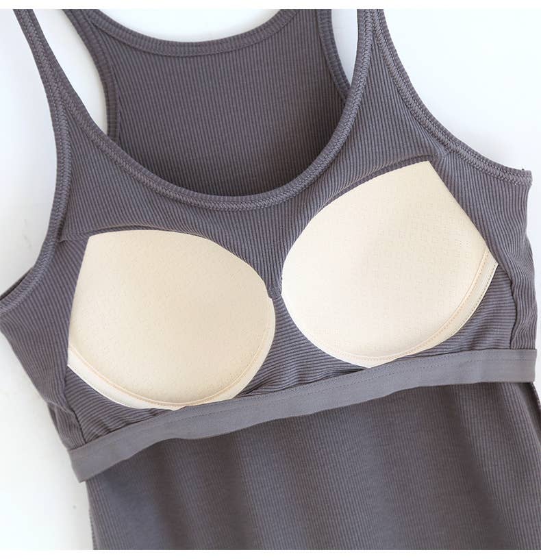 Beige athletic Spoon U-neck built-in bra rib tank top